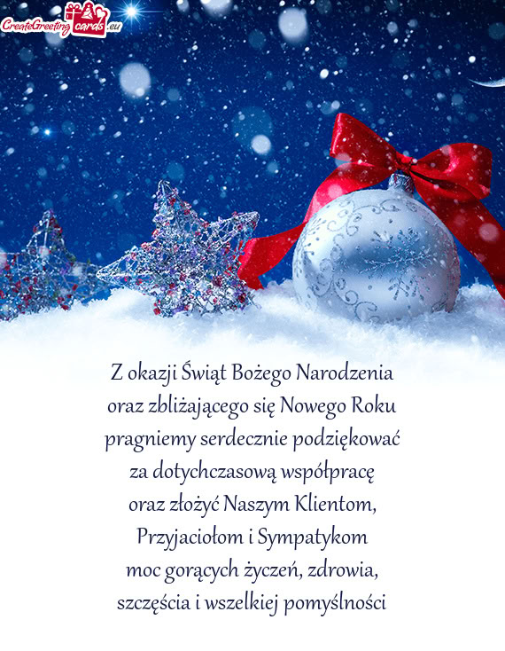 Z okazji Świąt Bożego Narodzenia  oraz zbliżającego się Nowego Roku