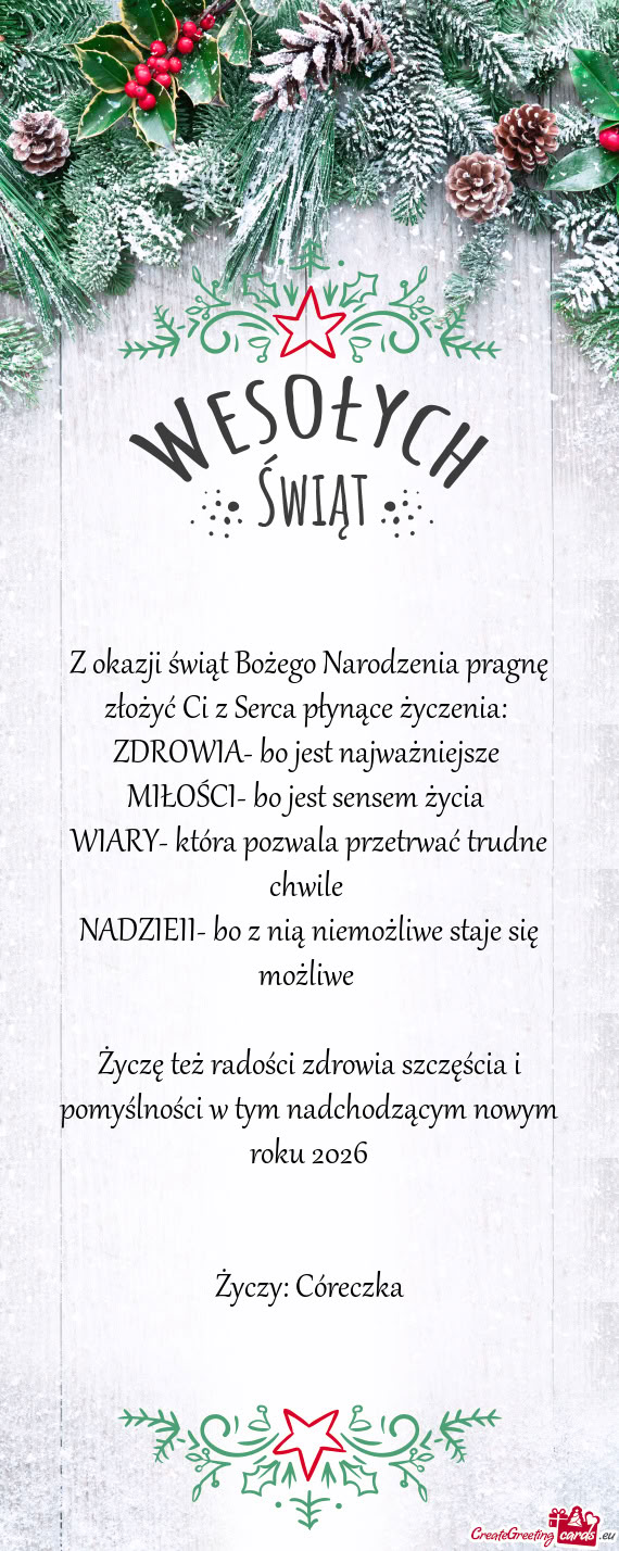 Z okazji świąt Bożego Narodzenia pragnę złożyć Ci z Serca płynące życzenia