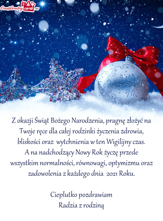 Z okazji Świąt Bożego Narodzenia, pragnę złożyć na Twoje ręce dla całej rodzinki życzenia