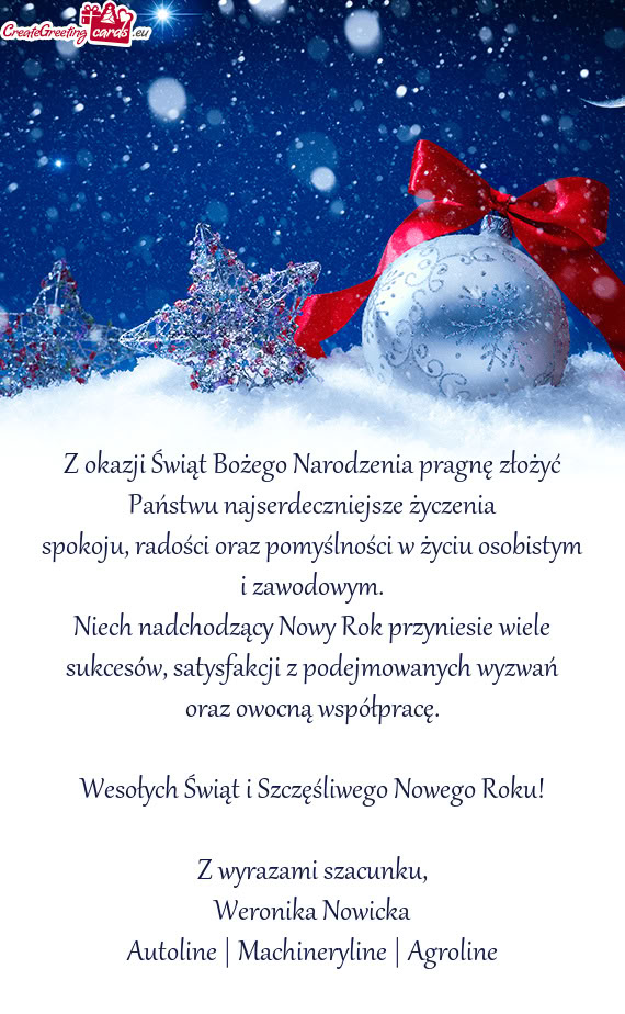 Z okazji Świąt Bożego Narodzenia pragnę złożyć Państwu najserdeczniejsze życzenia