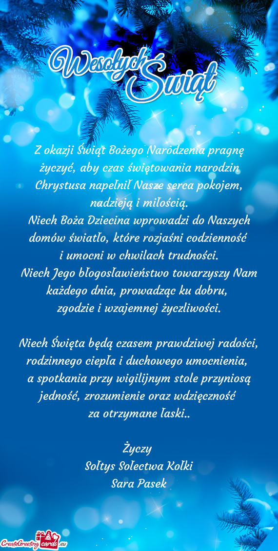 Z okazji Świąt Bożego Narodzenia pragnę życzyć, aby czas świętowania narodzin Chrystusa nape
