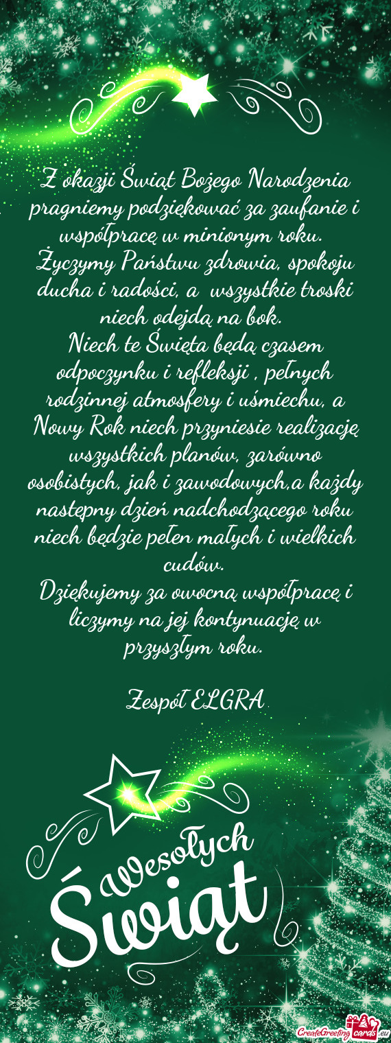 Z okazji Świąt Bożego Narodzenia pragniemy podziękować za zaufanie i współpracę w minionym r