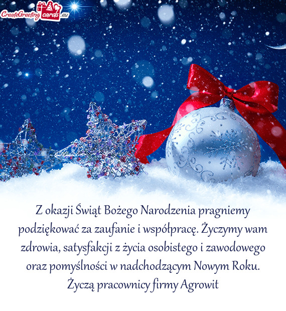 Z okazji Świąt Bożego Narodzenia pragniemy podziękować za zaufanie i współpracę