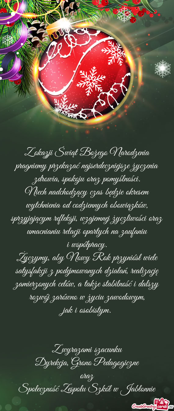 Z okazji Świąt Bożego Narodzenia pragniemy przekazać najserdeczniejsze życzenia zdrowia, spokoj