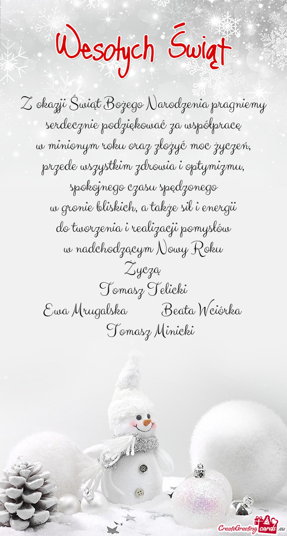 Z okazji Świąt Bożego Narodzenia pragniemy serdecznie podziękować za współpracę w minionym