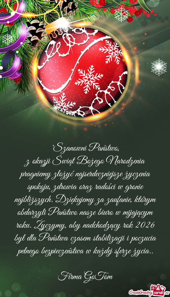 Z okazji Świąt Bożego Narodzenia pragniemy złożyć najserdeczniejsze życzenia spokoju, zdrowia