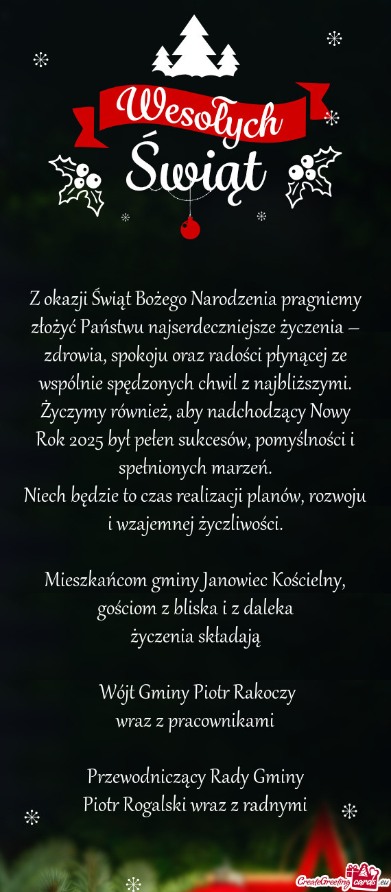 Z okazji Świąt Bożego Narodzenia pragniemy złożyć Państwu najserdeczniejsze życzenia – zdr