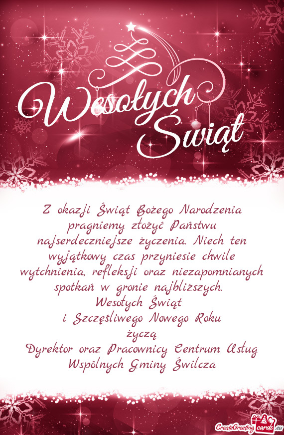 Z okazji Świąt Bożego Narodzenia pragniemy złożyć Państwu najserdeczniejsze życzenia. Niech