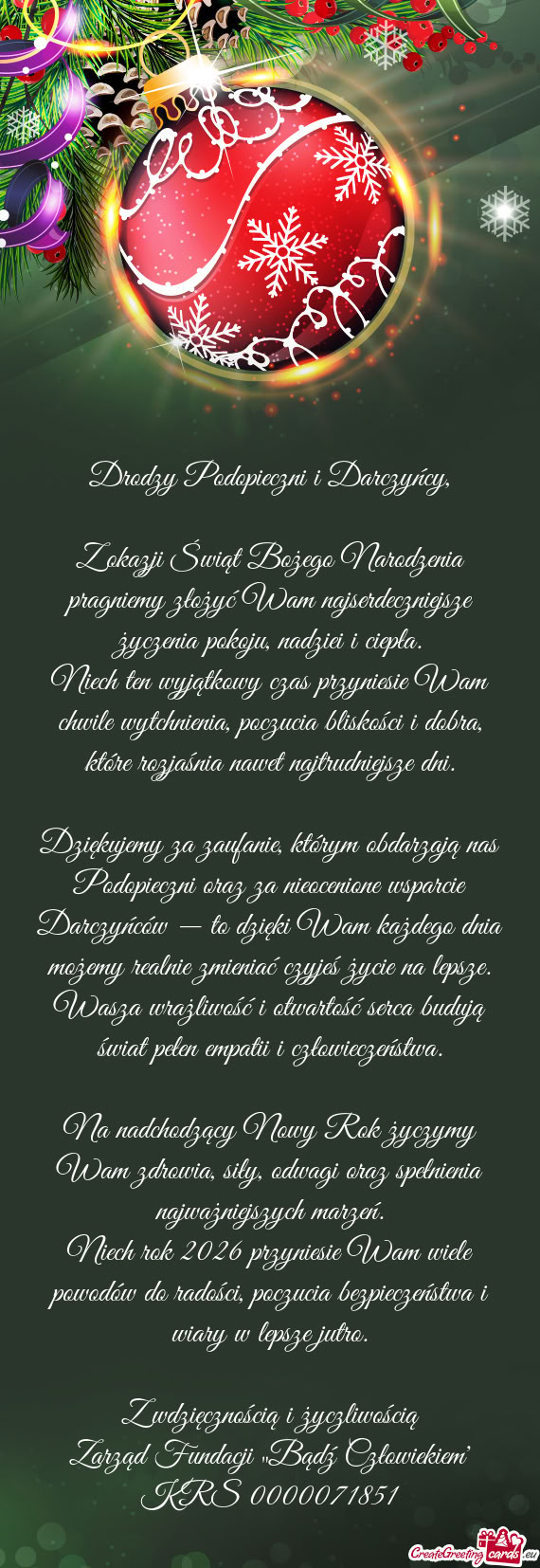 Z okazji Świąt Bożego Narodzenia pragniemy złożyć Wam najserdeczniejsze życzenia pokoju, nadz