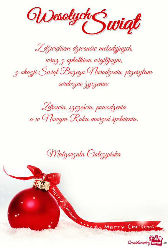 Z okazji Świąt Bożego Narodzenia, przesyłam serdeczne życzenia