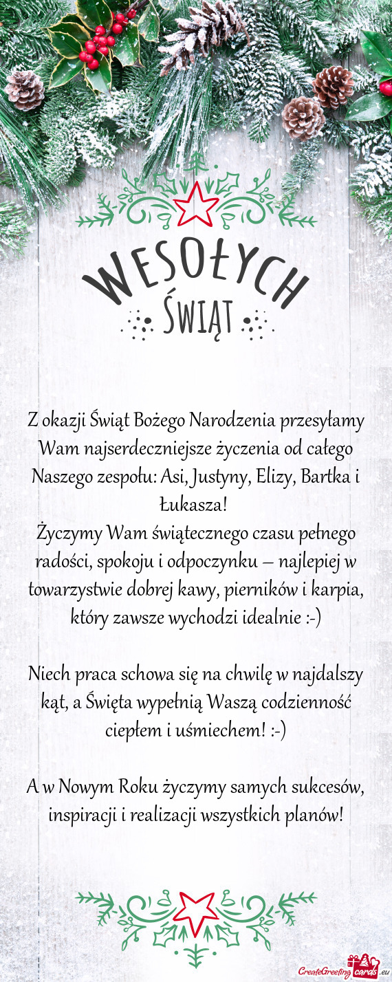 Z okazji Świąt Bożego Narodzenia przesyłamy Wam najserdeczniejsze życzenia od całego Naszego z