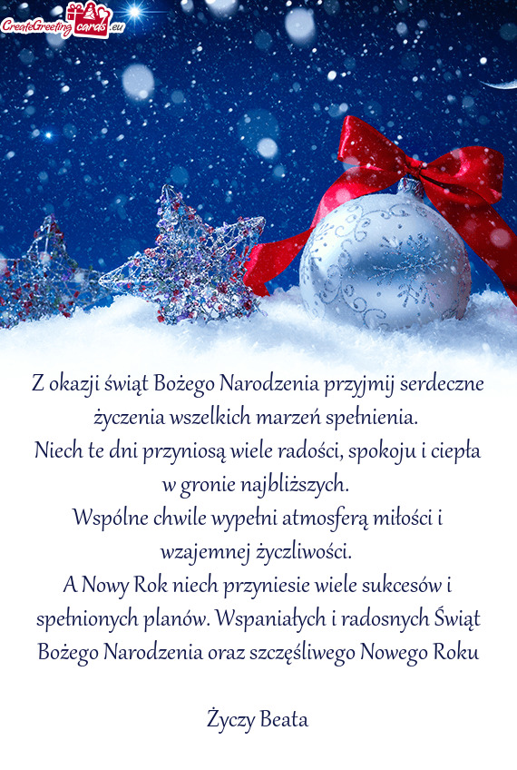 Z okazji świąt Bożego Narodzenia przyjmij serdeczne życzenia wszelkich marzeń spełnienia