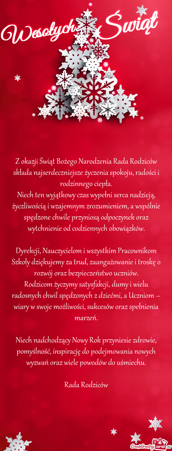 Z okazji Świąt Bożego Narodzenia Rada Rodziców składa najserdeczniejsze życzenia spokoju, rado