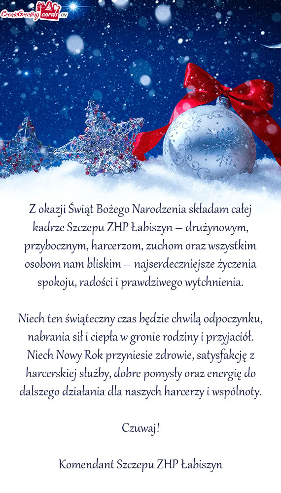 Z okazji Świąt Bożego Narodzenia składam całej kadrze Szczepu ZHP Łabiszyn – drużynowym, pr