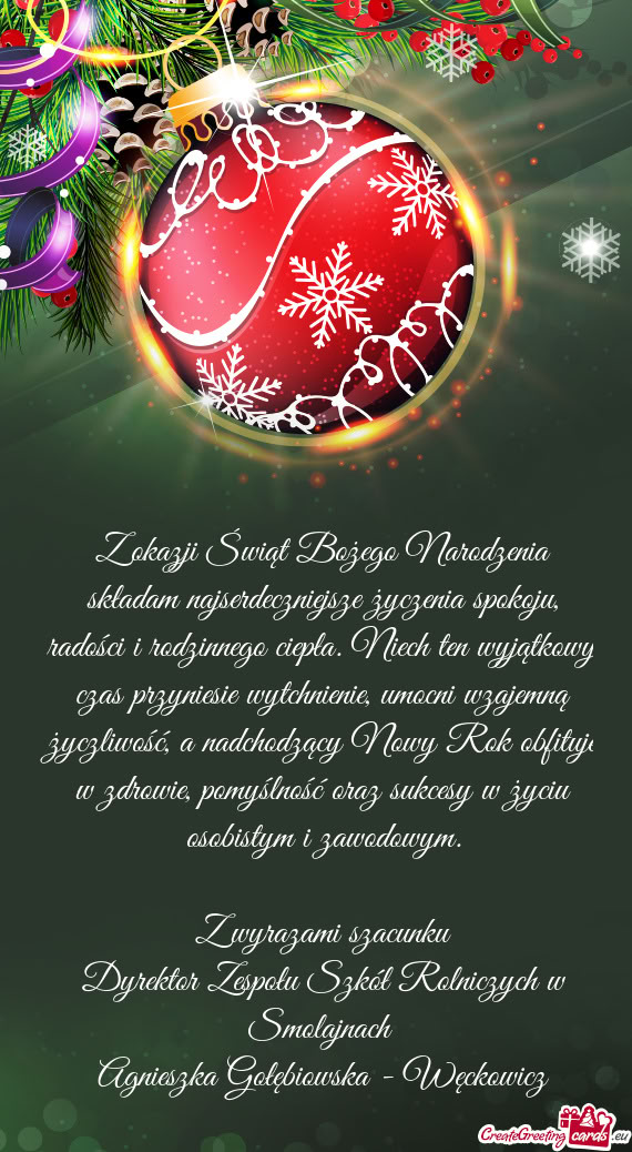Z okazji Świąt Bożego Narodzenia składam najserdeczniejsze życzenia spokoju, radości i rodzinn