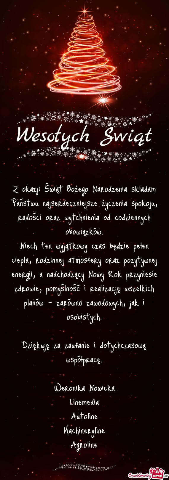 Z okazji Świąt Bożego Narodzenia składam Państwu najserdeczniejsze życzenia spokoju, radości