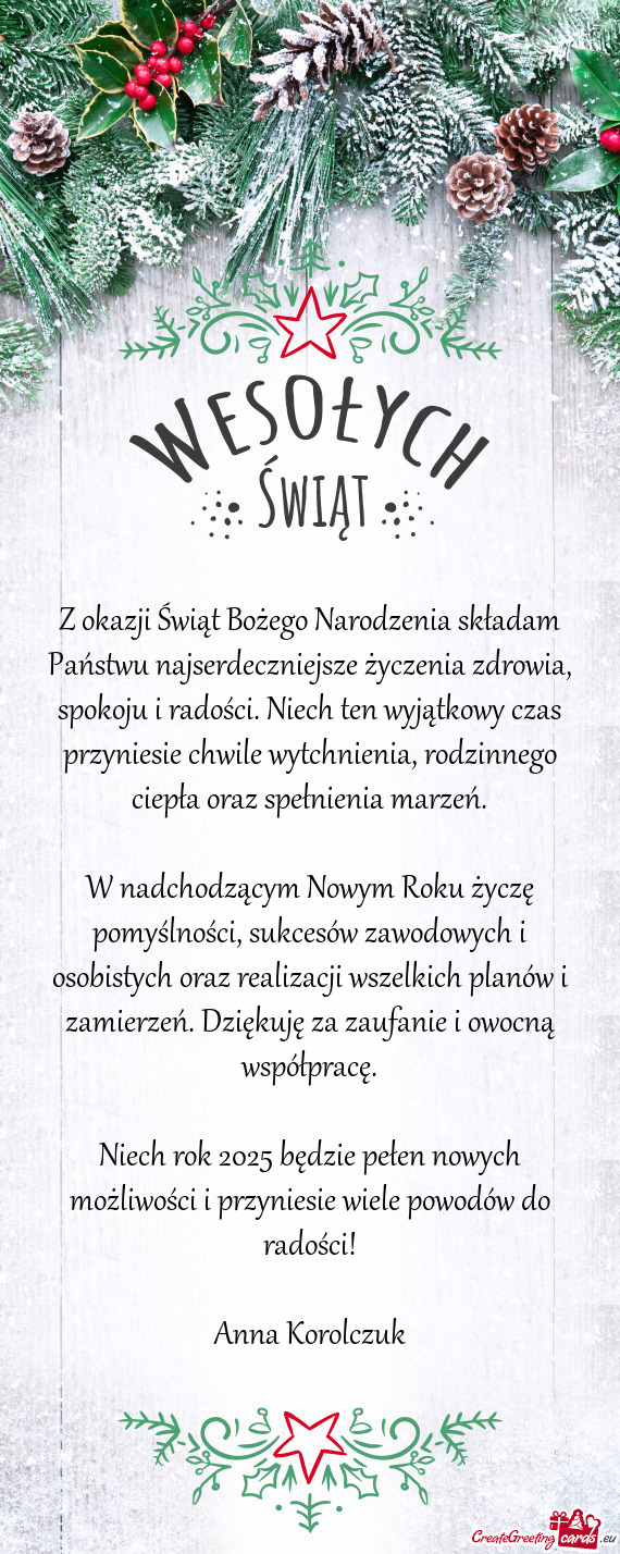 Z okazji Świąt Bożego Narodzenia składam Państwu najserdeczniejsze życzenia zdrowia, spokoju i