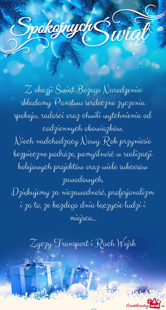 Z okazji Świąt Bożego Narodzenia składamy Państwu serdeczne życzenia spokoju, radości oraz ch
