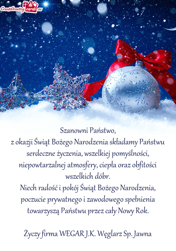 Z okazji Świąt Bożego Narodzenia składamy Państwu serdeczne życzenia, wszelkiej pomyślności