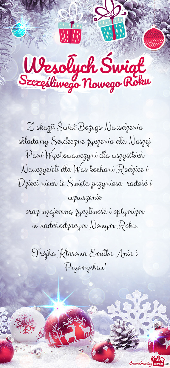 Z okazji Świat Bożego Narodzenia składamy Serdeczne życzenia dla Naszej Pani Wychowawczyni dla w