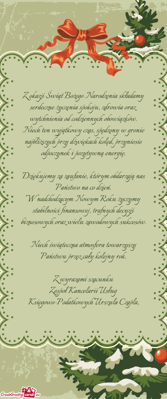 Z okazji Świąt Bożego Narodzenia składamy serdeczne życzenia spokoju, zdrowia oraz wytchnienia