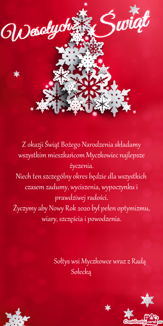 Z okazji Świąt Bożego Narodzenia składamy wszystkim mieszkańcom Myczkowiec najlepsze życzenia