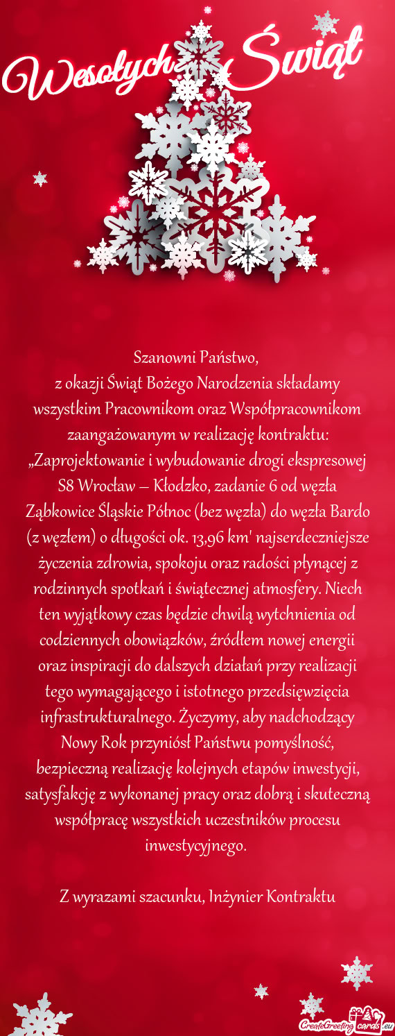 Z okazji Świąt Bożego Narodzenia składamy wszystkim Pracownikom oraz Współpracownikom zaangaż