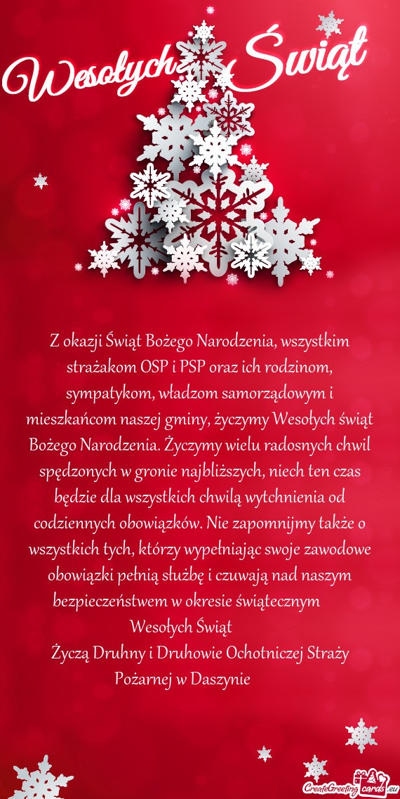 Z okazji Świąt Bożego Narodzenia, wszystkim strażakom OSP i PSP oraz ich rodzinom, sympatykom, w