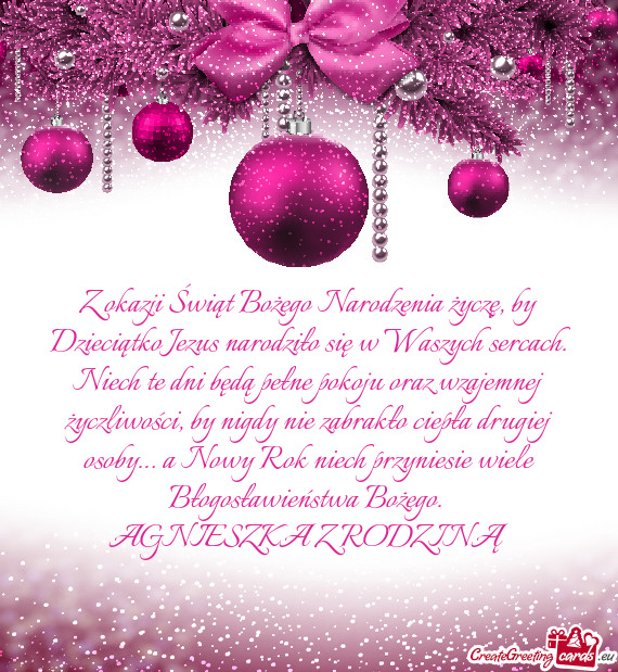 Z okazji Świąt Bożego Narodzenia życzę, by Dzieciątko Jezus narodziło się w Waszych sercach