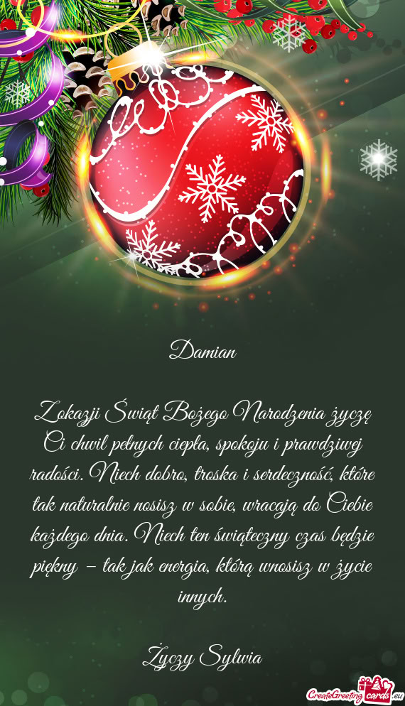 Z okazji Świąt Bożego Narodzenia życzę Ci chwil pełnych ciepła, spokoju i prawdziwej radości