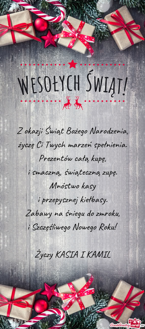 Z okazji Świąt Bożego Narodzenia,  życzę Ci Twych marzeń spełnienia.