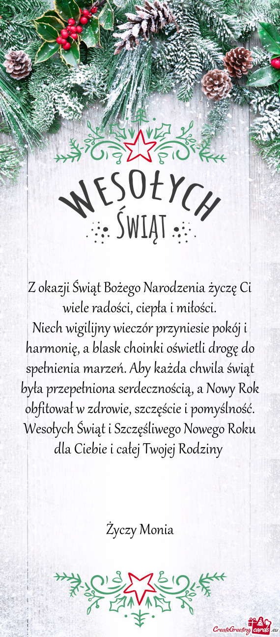 Z okazji Świąt Bożego Narodzenia życzę Ci wiele radości, ciepła i miłości