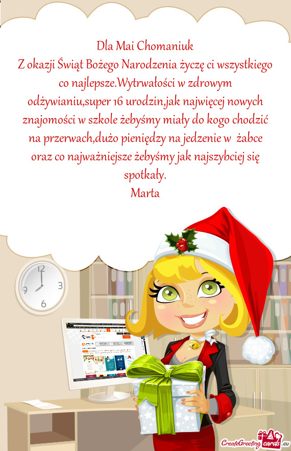 Z okazji Świąt Bożego Narodzenia życzę ci wszystkiego co najlepsze.Wytrwałości w zdrowym odż