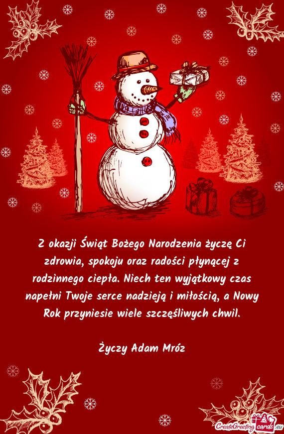 Z okazji Świąt Bożego Narodzenia życzę Ci zdrowia, spokoju oraz radości płynącej z rodzinneg
