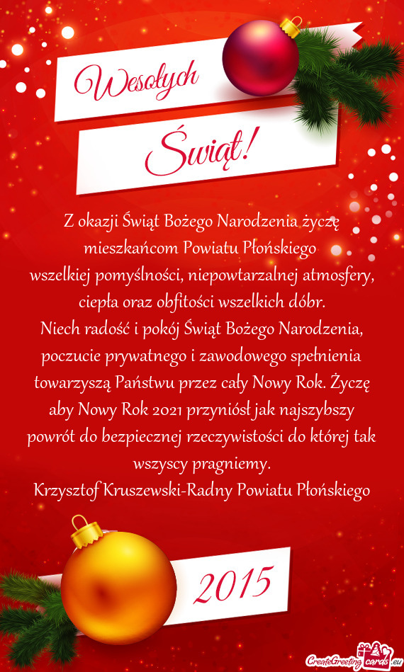 Z okazji Świąt Bożego Narodzenia życzę mieszkańcom Powiatu Płońskiego