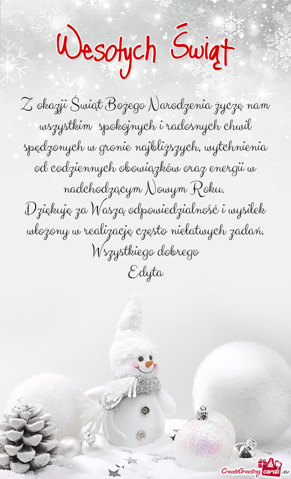 Z okazji Świąt Bożego Narodzenia życzę nam wszystkim spokojnych i radosnych chwil spędzonych