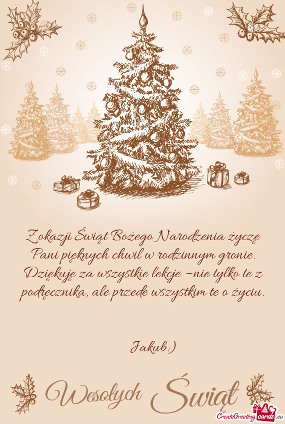 Z okazji Świąt Bożego Narodzenia życzę Pani pięknych chwil w rodzinnym gronie. Dziękuję za w