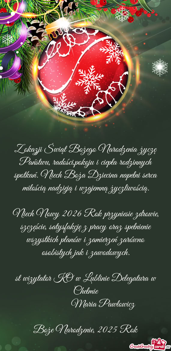 Z okazji Świąt Bożego Narodzenia życzę Państwu, radości,pokoju i ciepła rodzinnych spotkań