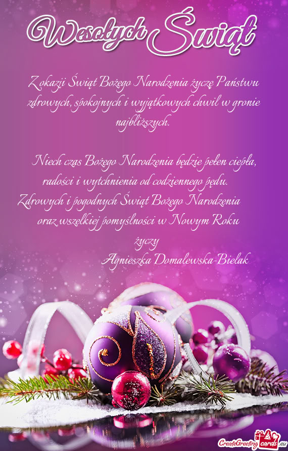 Z okazji Świąt Bożego Narodzenia życzę Państwu zdrowych, spokojnych i wyjątkowych chwil w gro