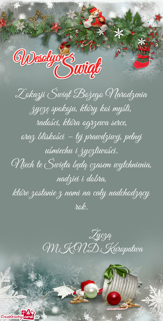 Z okazji Świąt Bożego Narodzenia życzę spokoju, który koi myśli