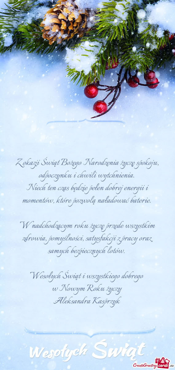 Z okazji Świąt Bożego Narodzenia życzę spokoju, odpoczynku i chwili wytchnienia