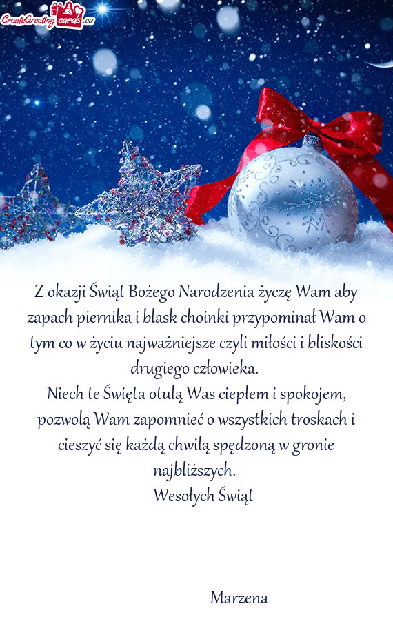 Z okazji Świąt Bożego Narodzenia życzę Wam aby zapach piernika i blask choinki przypominał Wam