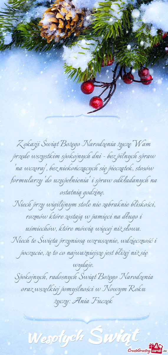 Z okazji Świąt Bożego Narodzenia życzę Wam przede wszystkim spokojnych dni - bez pilnych spraw