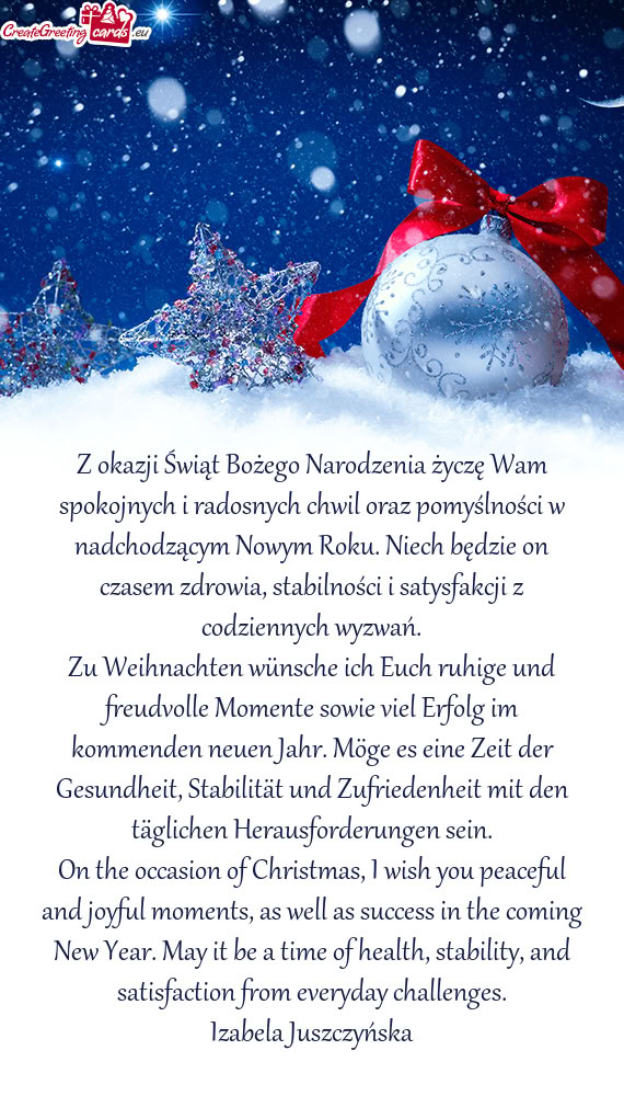 Z okazji Świąt Bożego Narodzenia życzę Wam spokojnych i radosnych chwil oraz pomyślności w na