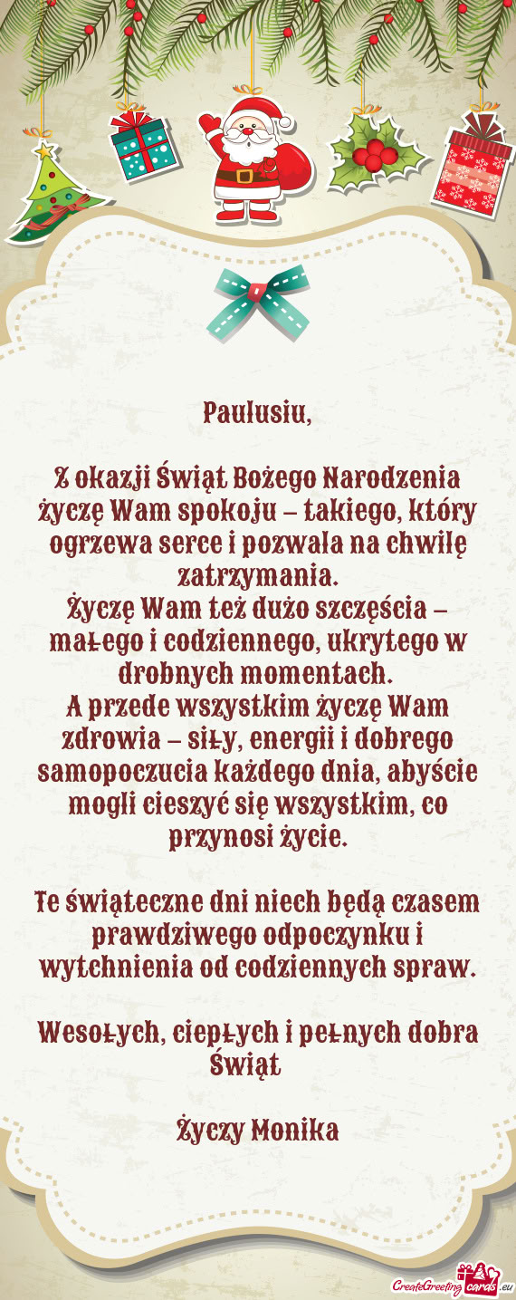 Z okazji Świąt Bożego Narodzenia życzę Wam spokoju – takiego, który ogrzewa serce i pozwala