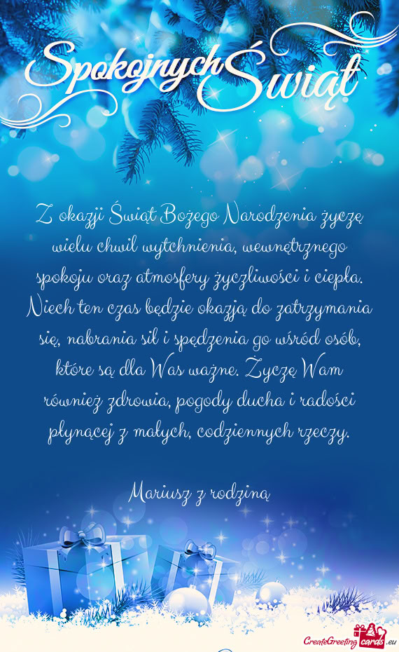 Z okazji Świąt Bożego Narodzenia życzę wielu chwil wytchnienia, wewnętrznego spokoju oraz atmo