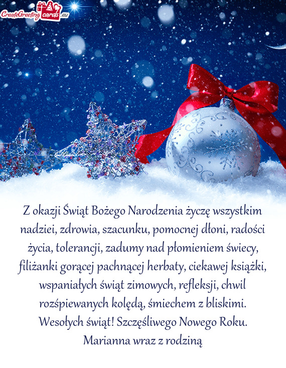 Z okazji Świąt Bożego Narodzenia życzę wszystkim nadziei, zdrowia, szacunku, pomocnej dłoni, r