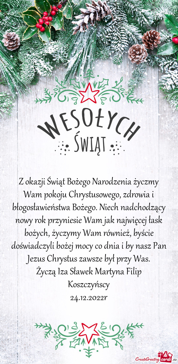 Z okazji Świąt Bożego Narodzenia życzmy Wam pokoju Chrystusowego, zdrowia i błogosławieństwa