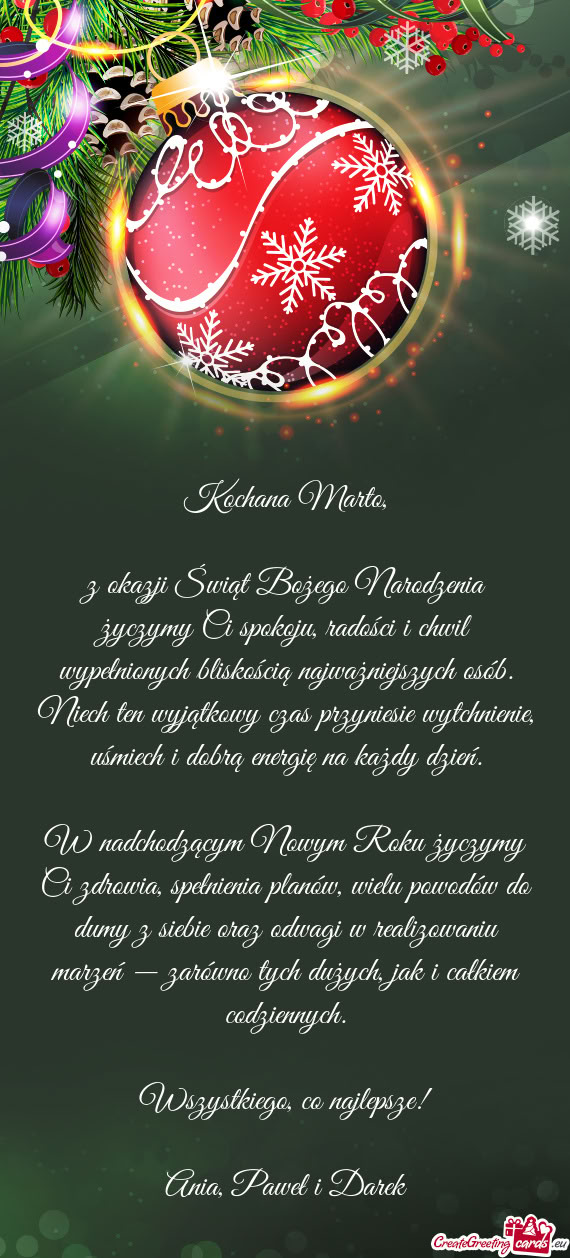 Z okazji Świąt Bożego Narodzenia życzymy Ci spokoju, radości i chwil wypełnionych bliskością