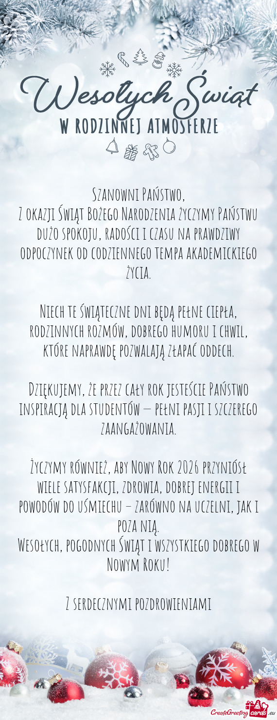 Z okazji Świąt Bożego Narodzenia życzymy Państwu dużo spokoju, radości i czasu na prawdziwy o
